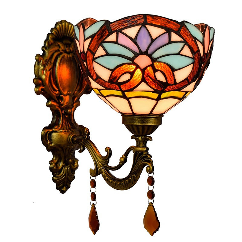 Traditionelle 1-flammige Tiffany-Wandleuchte im Barockstil aus Eisen mit Buntglas-Kristallglasschale für Wohnzimmer &amp; Schlafzimmer 