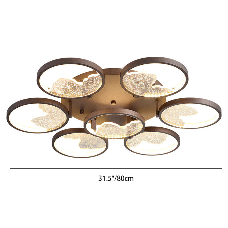 Traditional Chinese Zen Iron Round Frame Acrylic Flower Pattern LED Semi-Flush Mount Ceiling Light For Living Room