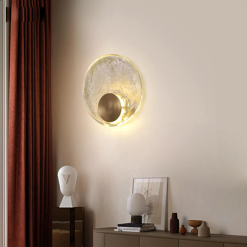 Modern Ice Cracked Glass Copper Round LED Wall Sconce Lamp