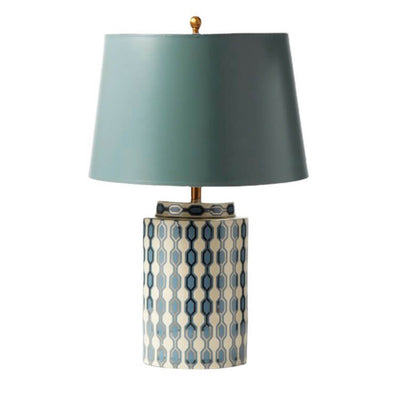 European Rustic Blue Plaid Ceramic Cylinder Base 1-Light Table Lamp