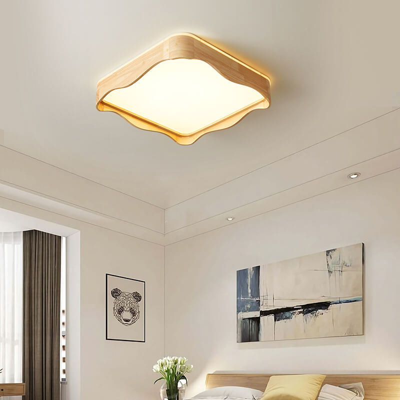 Japanese Original Wood Square Ripple Design LED Flush Mount Ceiling Light