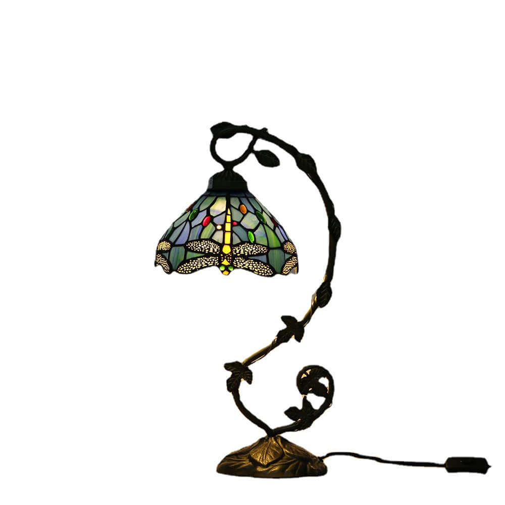 Traditional European Dragonfly Stained Glass Resin Vine 1-Light Table Lamp for Bedroom
