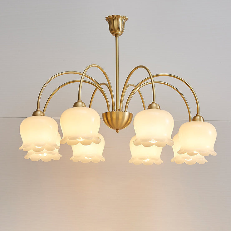 Lámpara de araña de vidrio de cobre con diseño floral crema tradicional francesa de 5/6/8 luces para sala de estar 
