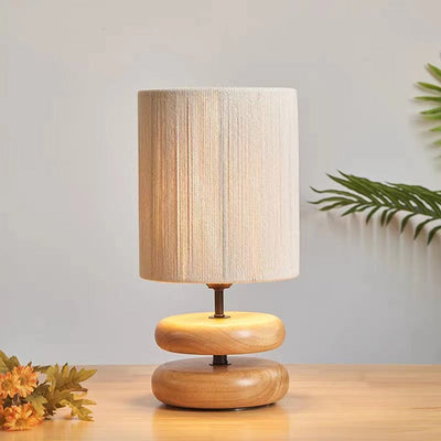 Pantalla cilíndrica de tela china tradicional con base de ajedrez de madera, lámpara de mesa de 1 luz para el hogar y la oficina 