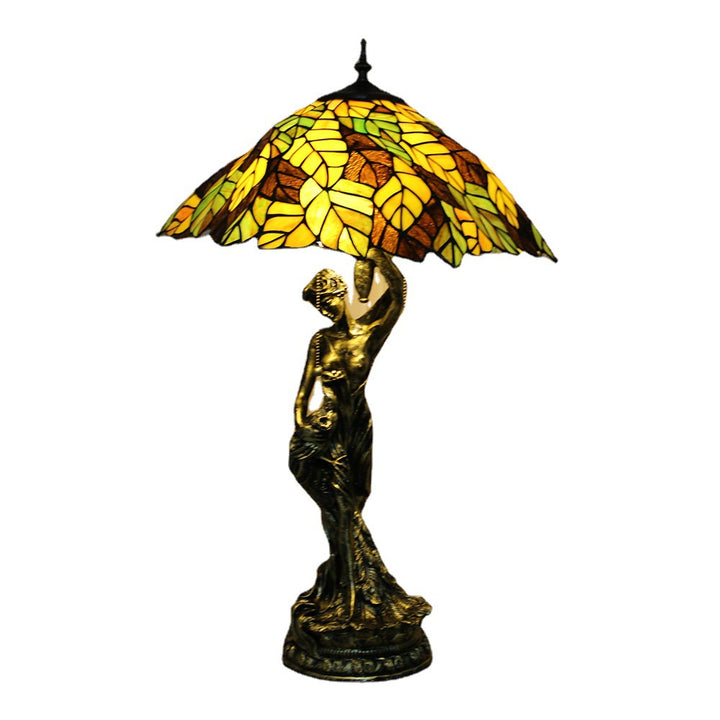 Lampe de table à 2 lumières avec base en résine et beauté en verre teinté Tiffany vintage 