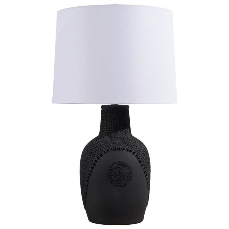 Lámpara de mesa de 1 luz con tambor de tela y jarra de cerámica en blanco y negro minimalista moderno 