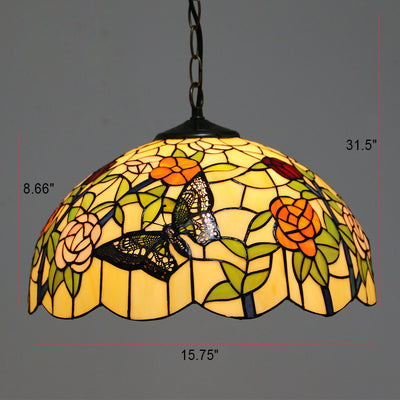 Vintage Tiffany Butterfly Rose Dome 1-Light Pendant Light