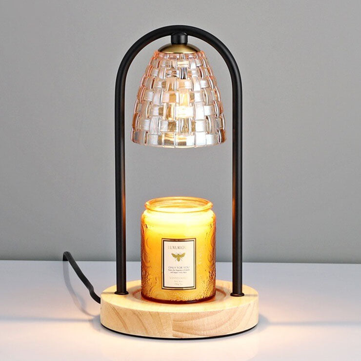Lampe de table à cire fondue à 2 lumières avec abat-jour en verre de luxe moderne et base en bois 