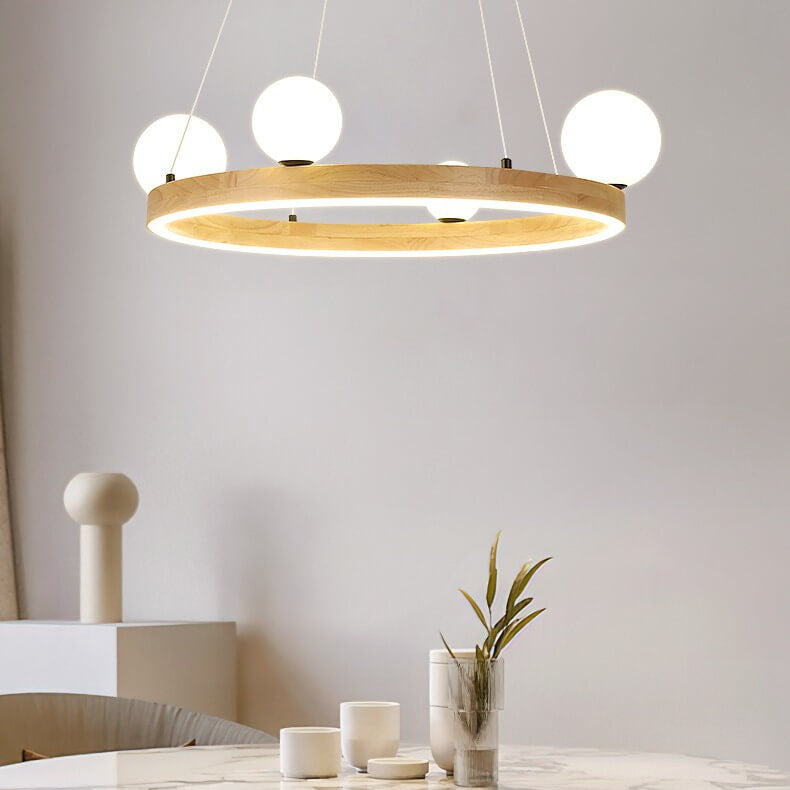 Nordic Minimalist Wood Circle Glass Ball 3/4 Light Chandelier