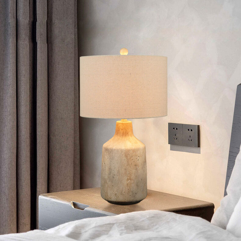 Modern Minimalist Fabric Cement Round 1-Light Table Lamp For Living Room &amp; Bedroom