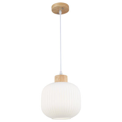 Japanese Minimalist Striped Glass Oval Jar Solid Wood 1-Light Pendant Light