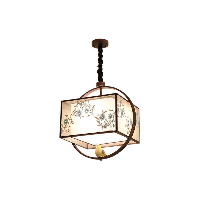 Chinese Zen Magnolia Embroidered Bird Fabric Shade 3-Light Chandelier