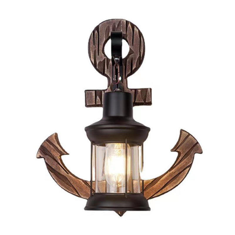 Traditional Vintage Distressed Wood Boat Anchor Cylindrical Glass Shade 1-Light Wall Sconce Lamp For Entertainment Room