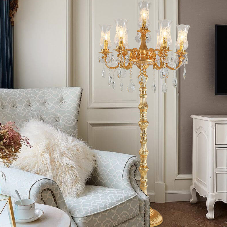 Traditional Luxury Golden Crystal Zinc Alloy Candle Holder 7-Light Standing Floor Lamp For Bedroom