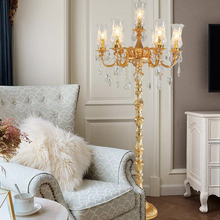 Traditional Luxury Golden Crystal Zinc Alloy Candle Holder 7-Light Standing Floor Lamp For Bedroom