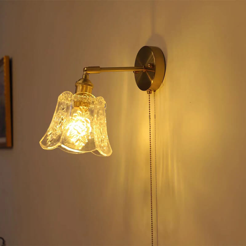 Lámpara de pared de 1 luz de latón y vidrio simple de lujo ligero francés con cable de tiro 