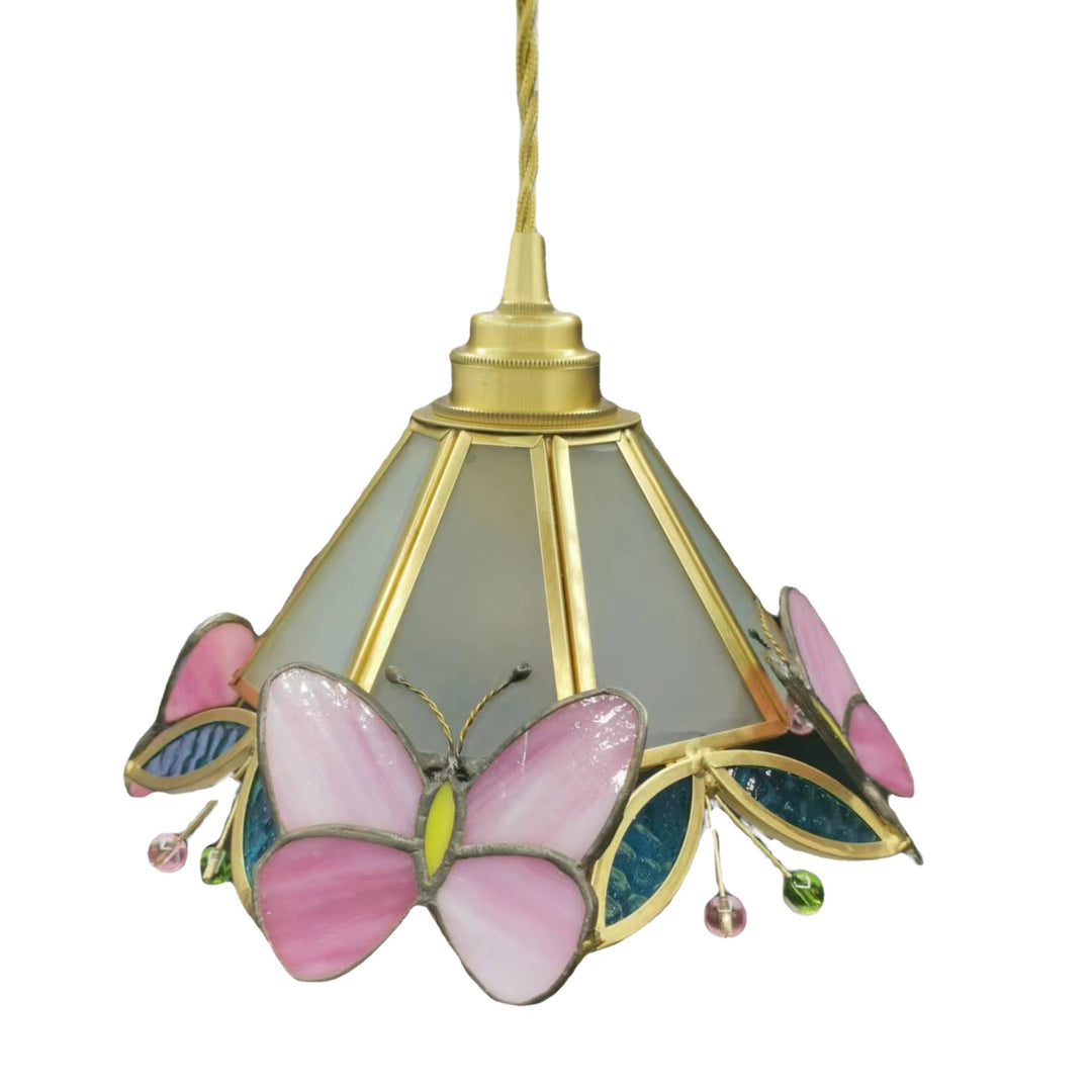 Moderne nordische 1-flammige Pendelleuchte aus Kupfer mit Schmetterlings-Buntglas in Kegelform für das Wohnzimmer 