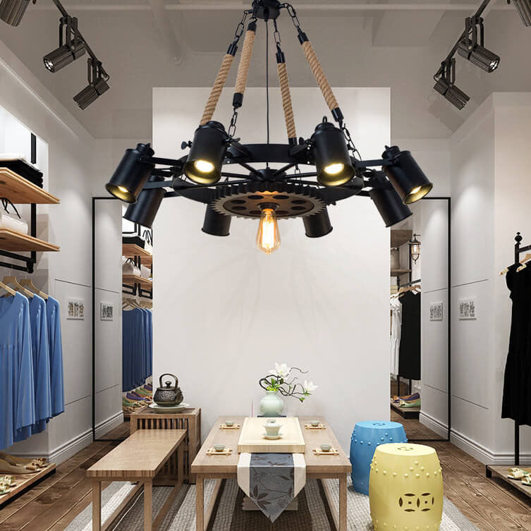 Zeitgenössischer industrieller Retro-Kronleuchter aus Schmiedeeisen und Hanfseil im Zahnrad-Design mit 7/9/11 Flammen für das Wohnzimmer 
