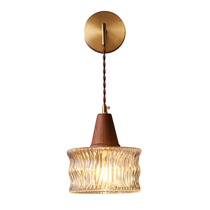 Traditional Japanese Walnut Glass  Copper Cylinder 1-Light Wall Sconce Lamp