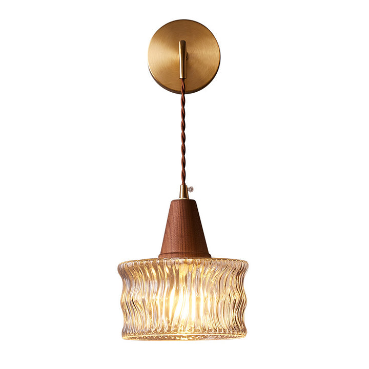 Traditional Japanese Walnut Glass  Copper Cylinder 1-Light Wall Sconce Lamp