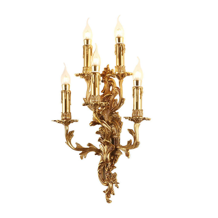 Traditional French Copper Candle Carved 5-Light Wall Sconce Lamp For Living Room