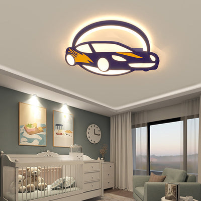 Contemporary Creative Iron Acrylic Cartoon Sports Car LED Kids Flush Mount Ceiling Light For Bedroom