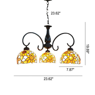 Europäischer Tiffany-Kronleuchter aus gelbem Edelsteinkuppelglas mit 3 Leuchten 