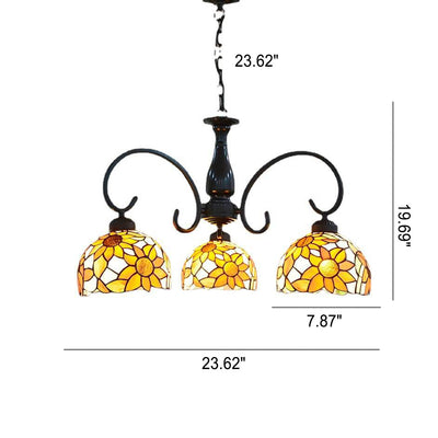 European Tiffany Sunflower Dome Stained Glass 3-Light Chandelier