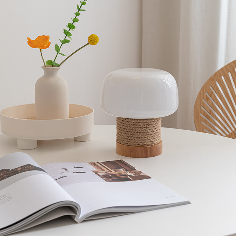 Lampe de table Vintage Crème Champignon Verre Ficelle Chêne 1 lumière 
