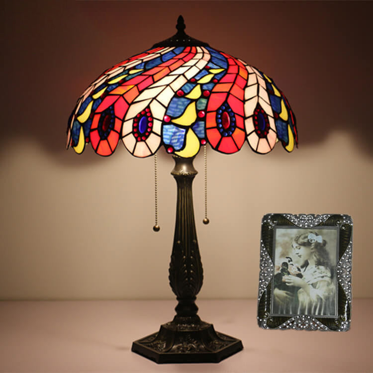 Lampe de table à 1 lumière avec motif créatif de plume de queue de paon Tiffany 