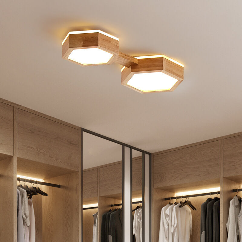 Plafonnier encastré à LED à géométrie hexagonale en bois simple et moderne 
