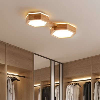 Modern Simple Wooden Hexagonal Geometry LED Flush Mount Ceiling Light