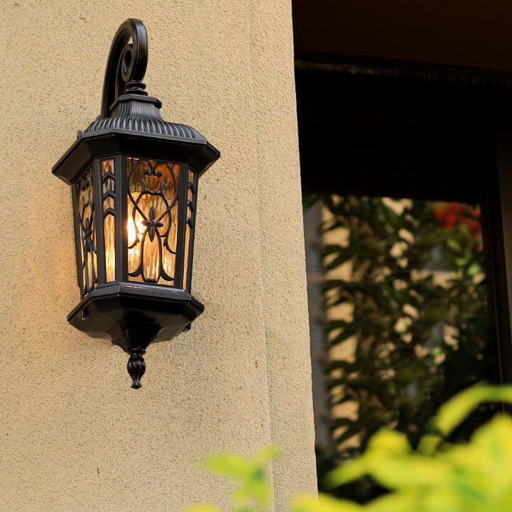 European Outdoor Carved Cage Aluminum Glass 1-Light Wall Sconce Lamp