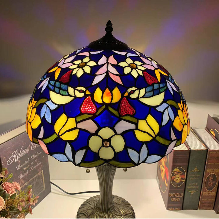Lampe de table à 1 lumière en forme de fleur en vitrail en fer de luxe Tiffany 