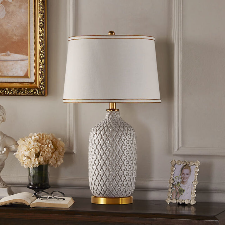 Lampe de table 1 lumière en tissu avec base en céramique rayée vintage européenne 