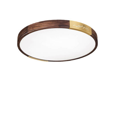 Modern Chinese Walnut Solid Wood Round Square Geometry LED Flush Mount Ceiling Light