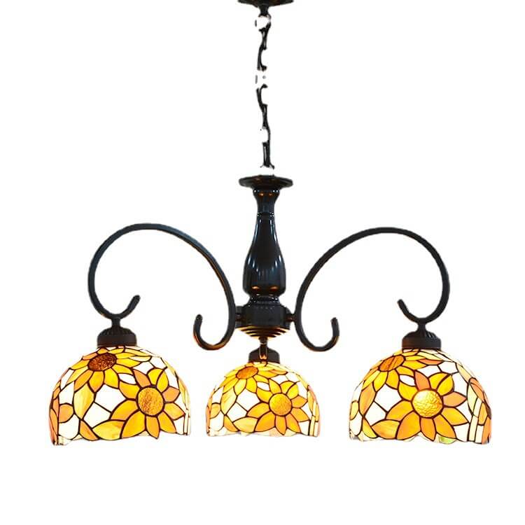 European Tiffany Sunflower Dome Stained Glass 3-Light Chandelier