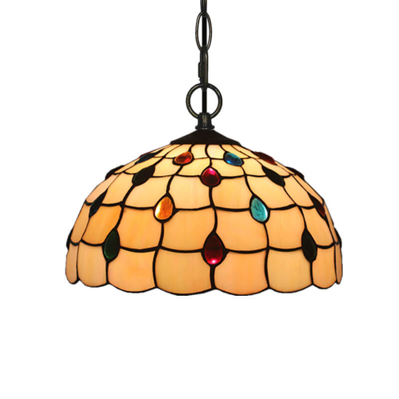 Tiffany European Gemstone Stained Glass Round 1-Light Pendant Light