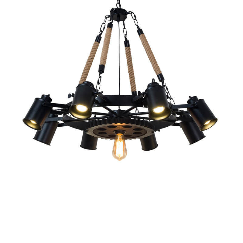 Zeitgenössischer industrieller Retro-Kronleuchter aus Schmiedeeisen und Hanfseil im Zahnrad-Design mit 7/9/11 Flammen für das Wohnzimmer 
