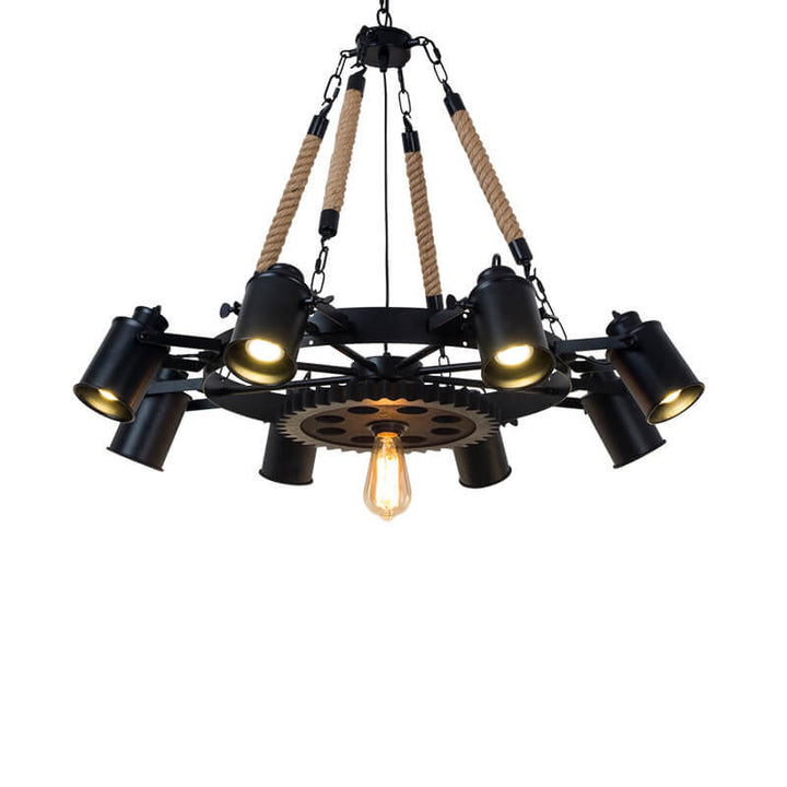 Zeitgenössischer industrieller Retro-Kronleuchter aus Schmiedeeisen und Hanfseil im Zahnrad-Design mit 7/9/11 Flammen für das Wohnzimmer 