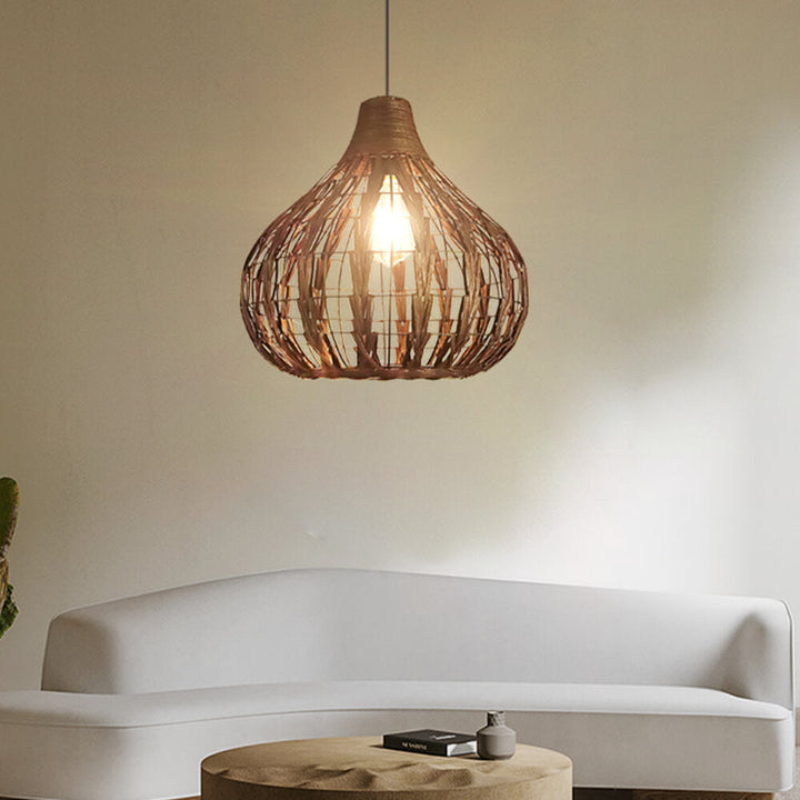 Suspension Luminaire Vintage Café Ovale en Rotin Tressé à 1 Lumière 