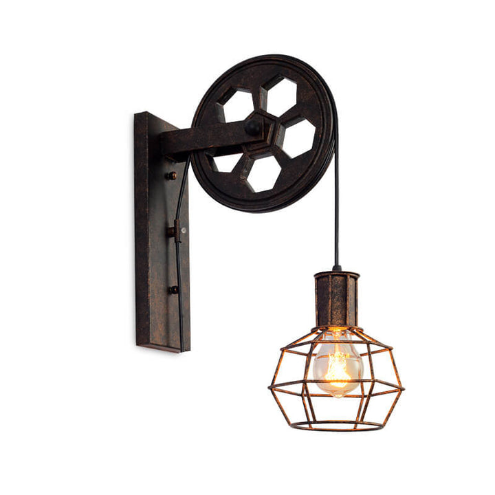 Traditional Vintage Pulley Iron Wood 1-Light Wall Sconce Lamp
