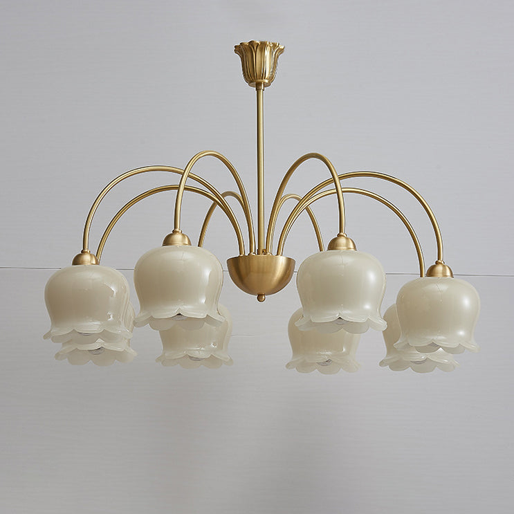 Lámpara de araña de vidrio de cobre con diseño floral crema tradicional francesa de 5/6/8 luces para sala de estar 