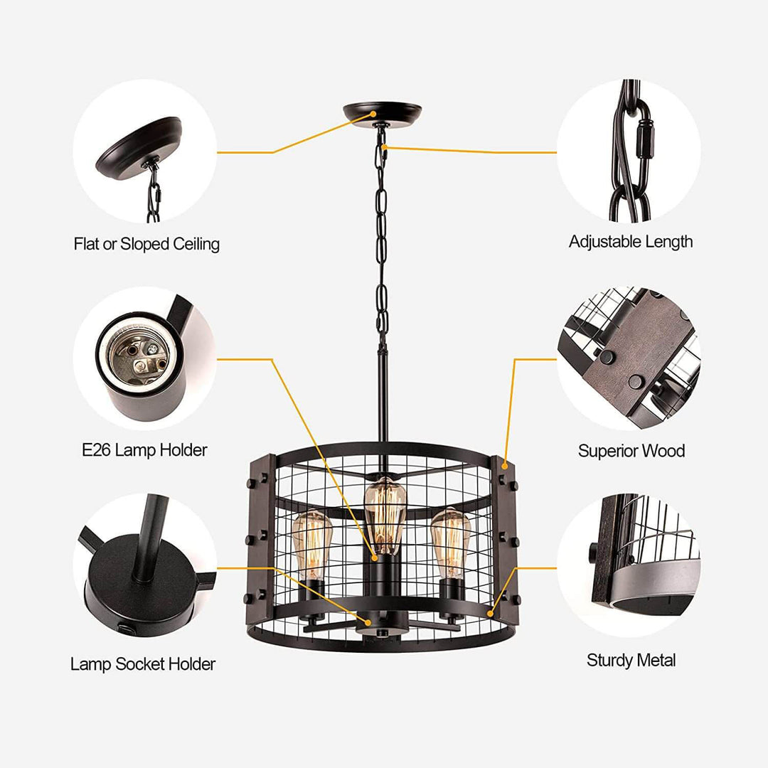 Industrial Vintage Iron Drum Shape 3-Light Chandelier