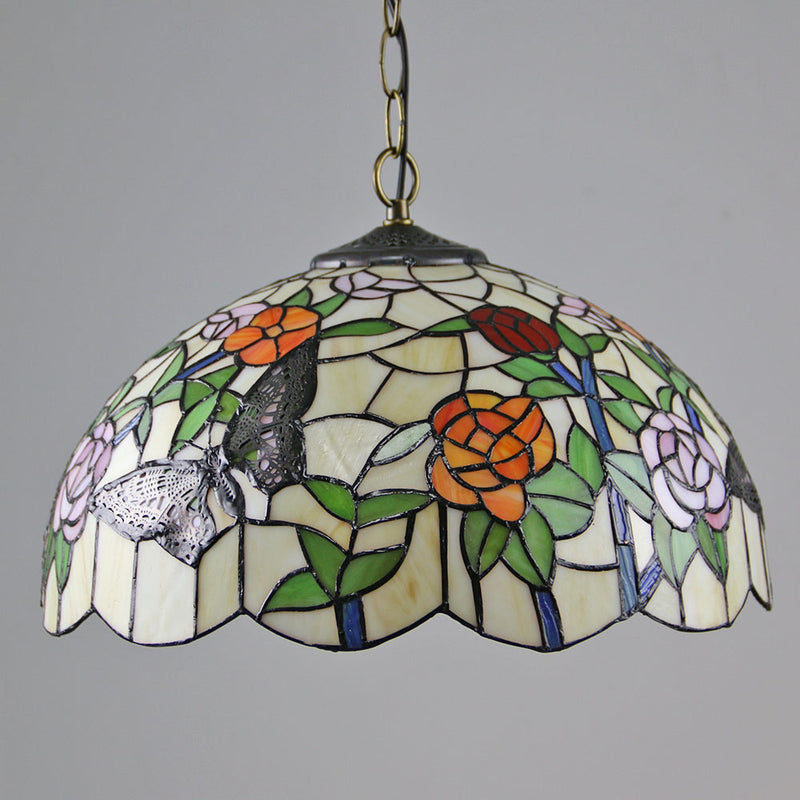 Vintage Tiffany Butterfly Rose Dome 1-Light Pendant Light