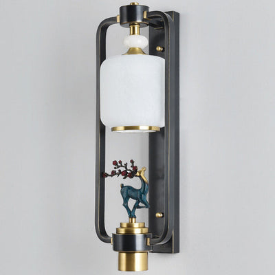 Modern Chinese Plum Deer Brass Glass Ring 2-Light Wall Sconce Lamp