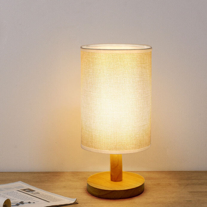 Minimalist Minimalist Fabric Cylinder Wood Hardware Base LED Table Lamp for Living Room