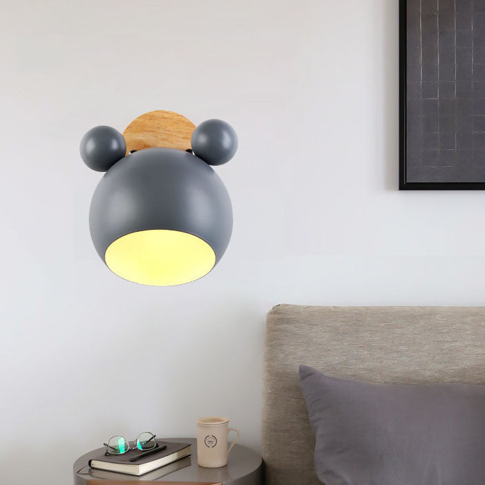 Contemporary Nordic Kids Cartoon Iron Solid Wood Bear Dome 1-Light Wall Sconce Lamp For Bedroom