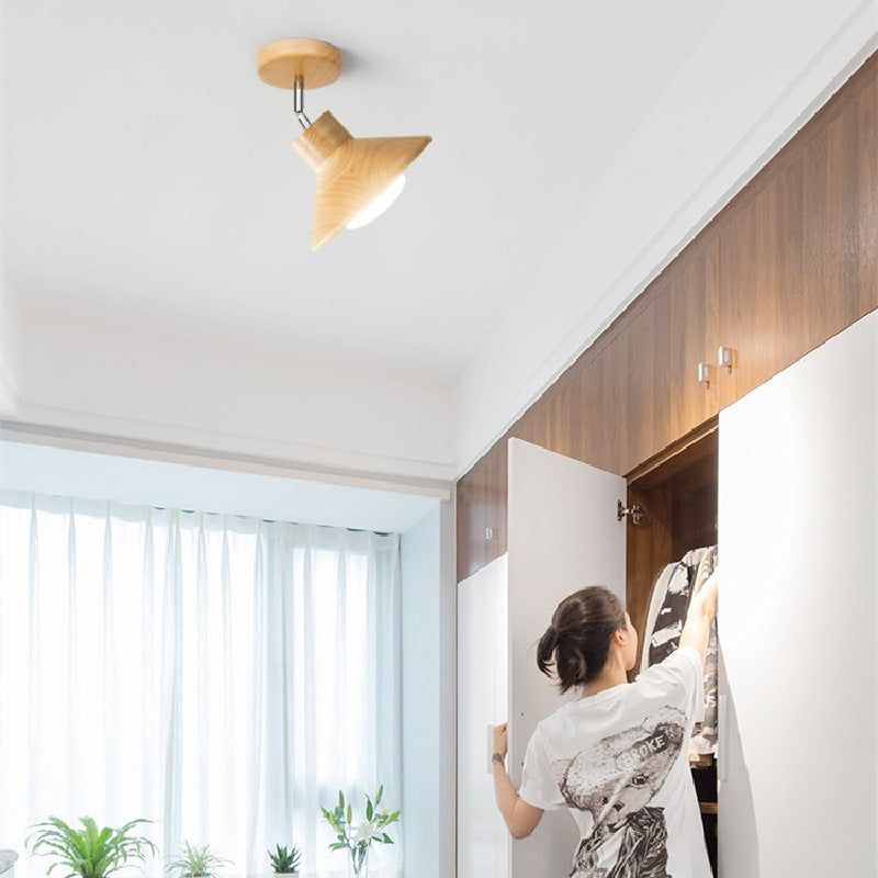 Moderne halbflache 1-flammige Deckenleuchte aus Kautschukholz im nordischen Stil in Baumstamm-Kegelform für das Wohnzimmer 