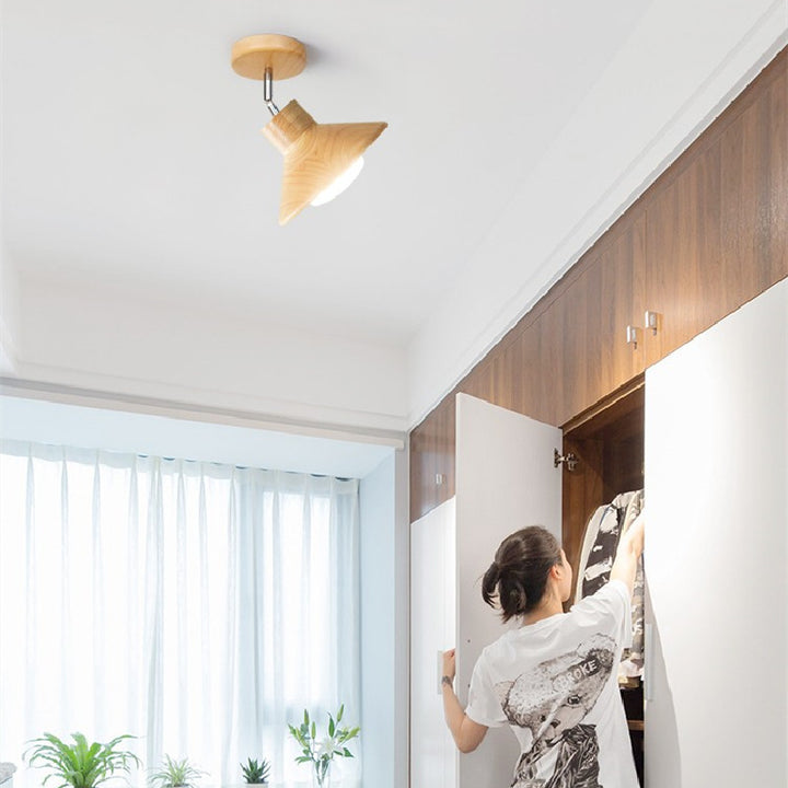 Moderne halbflache 1-flammige Deckenleuchte aus Kautschukholz im nordischen Stil in Baumstamm-Kegelform für das Wohnzimmer 